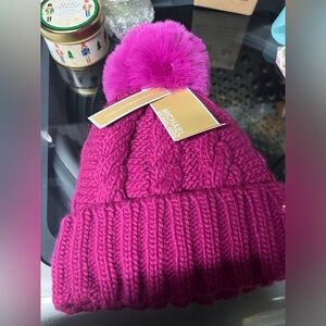 NWT MK Michael Kors Winter Pom Pom Hat Fuchsia Pink New with Tags